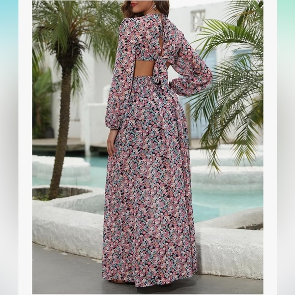 Romantic Floral Waist Cut Out Long Sleeve Flowy Long Maxi Beach Dress Sz10 NWT - Picture 4 of 7